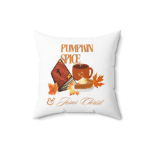 Load image into Gallery viewer, Square Pillow - Pumpkin Spice &amp; Jesus Christ Coffee Drink, Pumpkin Pie and Bible Decorative Pillow
