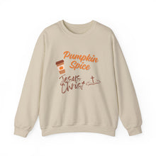 Load image into Gallery viewer, Pumpkin Spice &amp; Jesus Christ Faith Fall Sweatshirt
