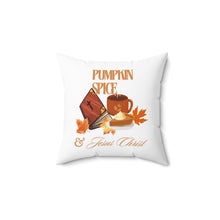 Load image into Gallery viewer, Square Pillow - Pumpkin Spice &amp; Jesus Christ Coffee Drink, Pumpkin Pie and Bible Decorative Pillow
