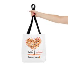 Load image into Gallery viewer, Decorative Fall Tree &quot;Fall for Jesus He never leaves&quot; Tote Bag
