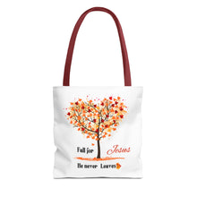 Load image into Gallery viewer, Decorative Fall Tree &quot;Fall for Jesus He never leaves&quot; Tote Bag
