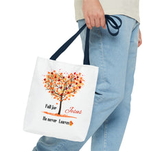 Load image into Gallery viewer, Decorative Fall Tree &quot;Fall for Jesus He never leaves&quot; Tote Bag
