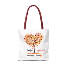 Load image into Gallery viewer, Decorative Fall Tree &quot;Fall for Jesus He never leaves&quot; Tote Bag
