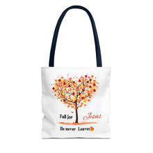 Load image into Gallery viewer, Decorative Fall Tree &quot;Fall for Jesus He never leaves&quot; Tote Bag
