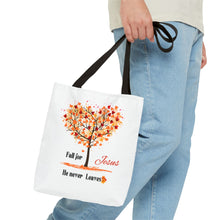 Load image into Gallery viewer, Decorative Fall Tree &quot;Fall for Jesus He never leaves&quot; Tote Bag
