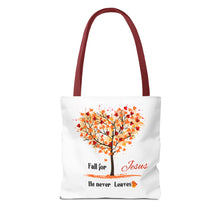 Load image into Gallery viewer, Decorative Fall Tree &quot;Fall for Jesus He never leaves&quot; Tote Bag
