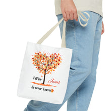 Load image into Gallery viewer, Decorative Fall Tree &quot;Fall for Jesus He never leaves&quot; Tote Bag
