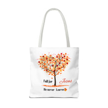 Load image into Gallery viewer, Decorative Fall Tree &quot;Fall for Jesus He never leaves&quot; Tote Bag
