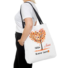 Load image into Gallery viewer, Decorative Fall Tree &quot;Fall for Jesus He never leaves&quot; Tote Bag
