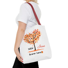 Load image into Gallery viewer, Decorative Fall Tree &quot;Fall for Jesus He never leaves&quot; Tote Bag
