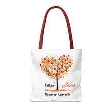 Load image into Gallery viewer, Decorative Fall Tree &quot;Fall for Jesus He never leaves&quot; Tote Bag
