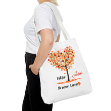 Load image into Gallery viewer, Decorative Fall Tree &quot;Fall for Jesus He never leaves&quot; Tote Bag
