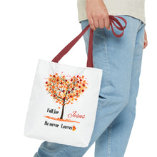 Load image into Gallery viewer, Decorative Fall Tree &quot;Fall for Jesus He never leaves&quot; Tote Bag
