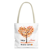 Load image into Gallery viewer, Decorative Fall Tree &quot;Fall for Jesus He never leaves&quot; Tote Bag
