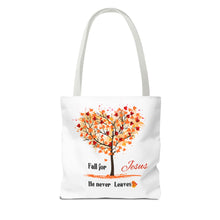 Load image into Gallery viewer, Decorative Fall Tree &quot;Fall for Jesus He never leaves&quot; Tote Bag
