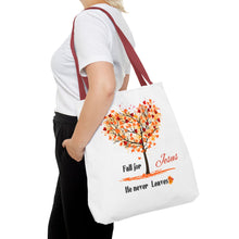 Load image into Gallery viewer, Decorative Fall Tree &quot;Fall for Jesus He never leaves&quot; Tote Bag
