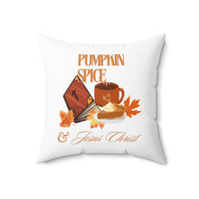 Load image into Gallery viewer, Square Pillow - Pumpkin Spice &amp; Jesus Christ Coffee Drink, Pumpkin Pie and Bible Decorative Pillow
