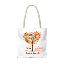 Load image into Gallery viewer, Decorative Fall Tree &quot;Fall for Jesus He never leaves&quot; Tote Bag
