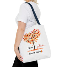 Load image into Gallery viewer, Decorative Fall Tree &quot;Fall for Jesus He never leaves&quot; Tote Bag
