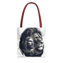 Load image into Gallery viewer, Inspirational Tote Bag with Psalm 46:10 Jesus and Lion Design
