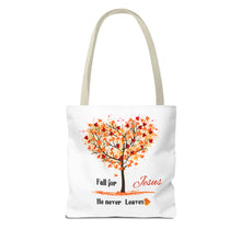 Load image into Gallery viewer, Decorative Fall Tree &quot;Fall for Jesus He never leaves&quot; Tote Bag
