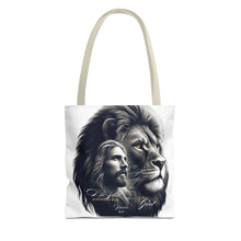 Load image into Gallery viewer, Inspirational Tote Bag with Psalm 46:10 Jesus and Lion Design
