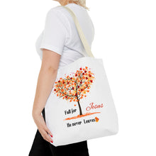 Load image into Gallery viewer, Decorative Fall Tree &quot;Fall for Jesus He never leaves&quot; Tote Bag
