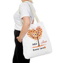 Load image into Gallery viewer, Decorative Fall Tree &quot;Fall for Jesus He never leaves&quot; Tote Bag
