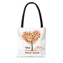 Load image into Gallery viewer, Decorative Fall Tree &quot;Fall for Jesus He never leaves&quot; Tote Bag
