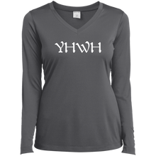 Load image into Gallery viewer, &quot;YHWH&quot; Ladies’ Long Sleeve Performance V-Neck Tee
