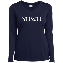 Load image into Gallery viewer, &quot;YHWH&quot; Ladies’ Long Sleeve Performance V-Neck Tee
